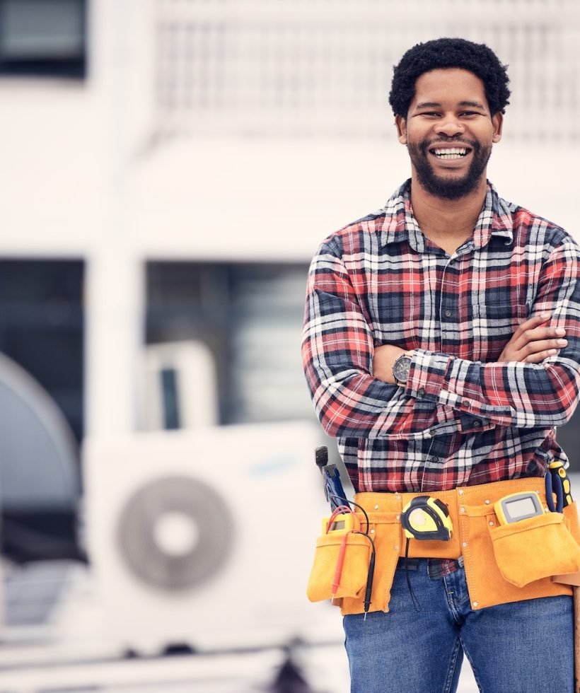 Engineering, portrait and man arms crossed on roof air conditioning, maintenance and technician ac